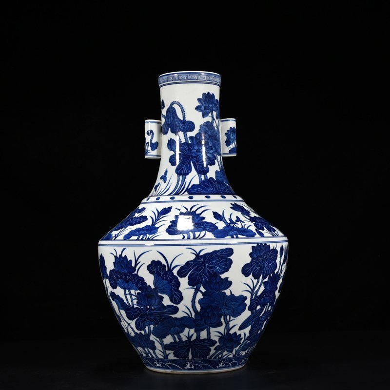Qing Dynasty Qianlong blue and white lotus vase