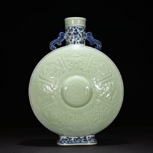 Qing Dynasty Qianlong blue and white bean green glaze carved Buddhist eight-treasure pattern moon vase