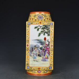 Qing Dynasty Qianlong yellow ground consecrated Cong vase with character story pattern
