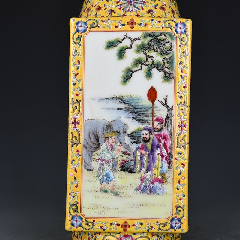 Qing Dynasty Qianlong yellow ground consecrated Cong vase with character story pattern