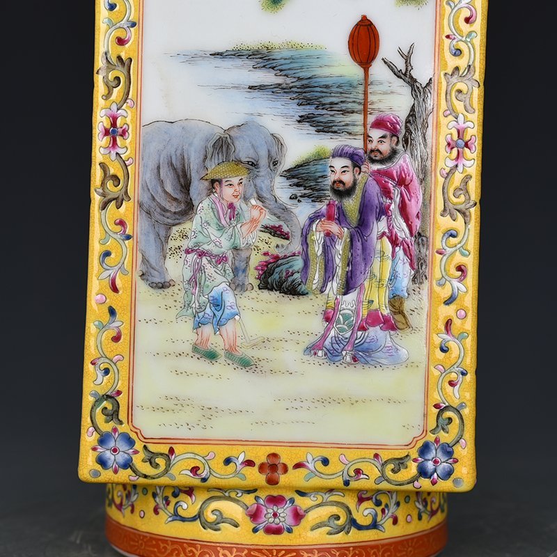 Qing Dynasty Qianlong yellow ground consecrated Cong vase with character story pattern