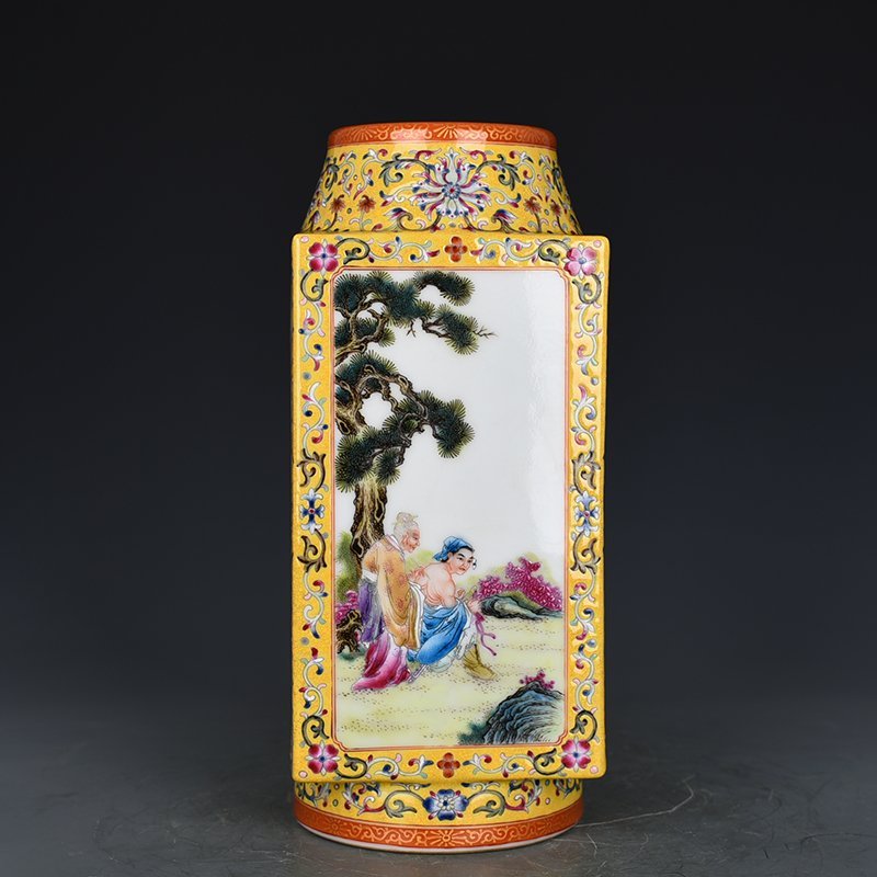 Qing Dynasty Qianlong yellow ground consecrated Cong vase with character story pattern