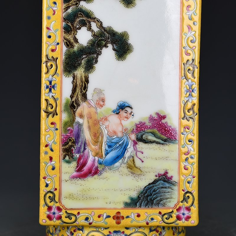 Qing Dynasty Qianlong yellow ground consecrated Cong vase with character story pattern