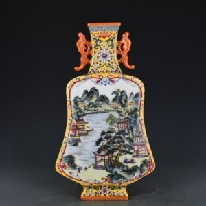 Qing Dynasty Qianlong yellow ground consecrated pastel landscape double-eared pipa flat vase