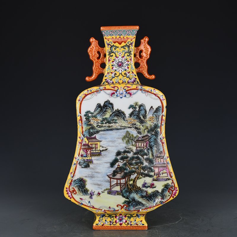 Qing Dynasty Qianlong yellow ground consecrated pastel landscape double-eared pipa flat vase