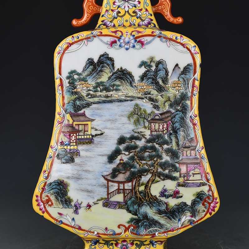 Qing Dynasty Qianlong yellow ground consecrated pastel landscape double-eared pipa flat vase