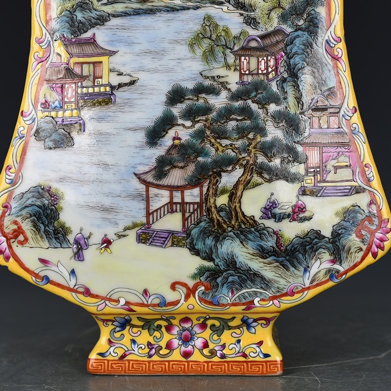 Qing Dynasty Qianlong yellow ground consecrated pastel landscape double-eared pipa flat vase