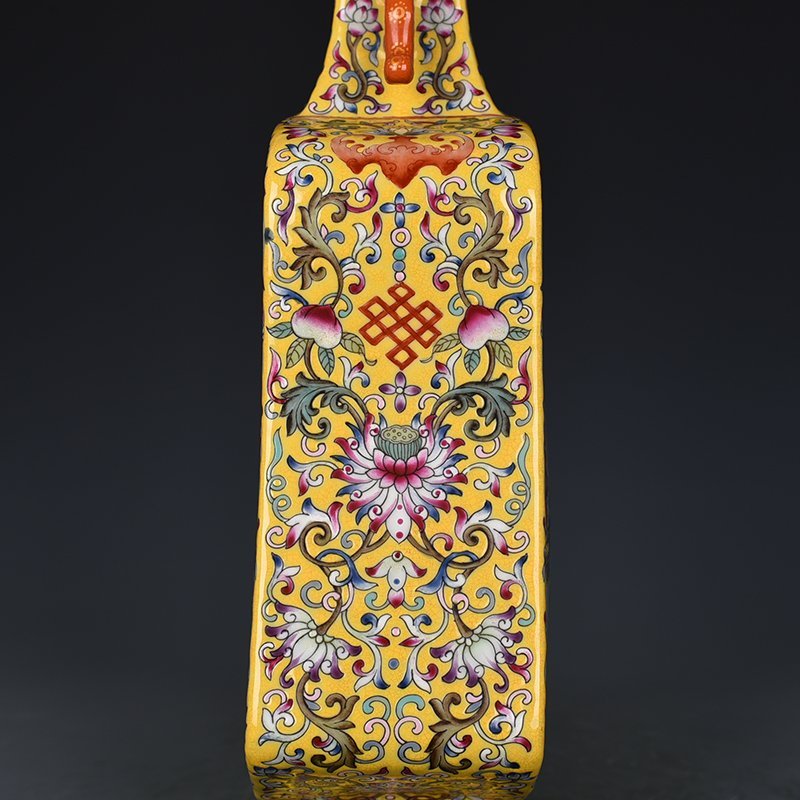 Qing Dynasty Qianlong yellow ground consecrated pastel landscape double-eared pipa flat vase