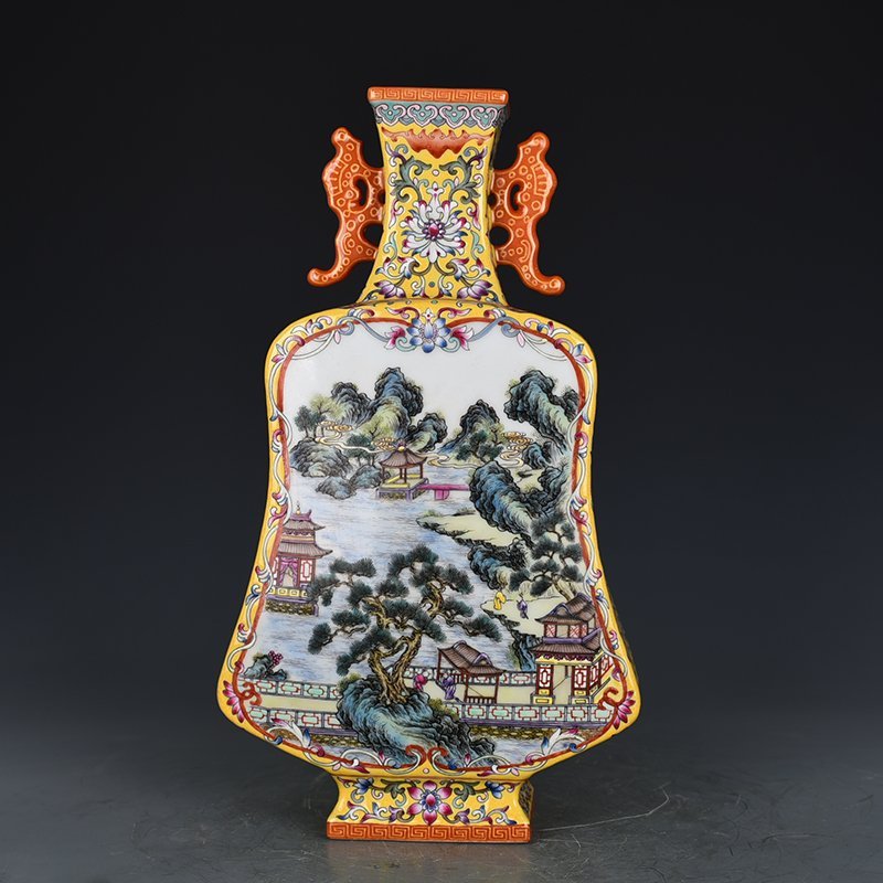 Qing Dynasty Qianlong yellow ground consecrated pastel landscape double-eared pipa flat vase