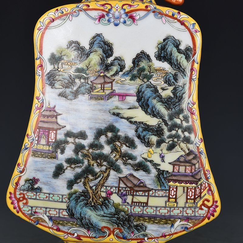 Qing Dynasty Qianlong yellow ground consecrated pastel landscape double-eared pipa flat vase