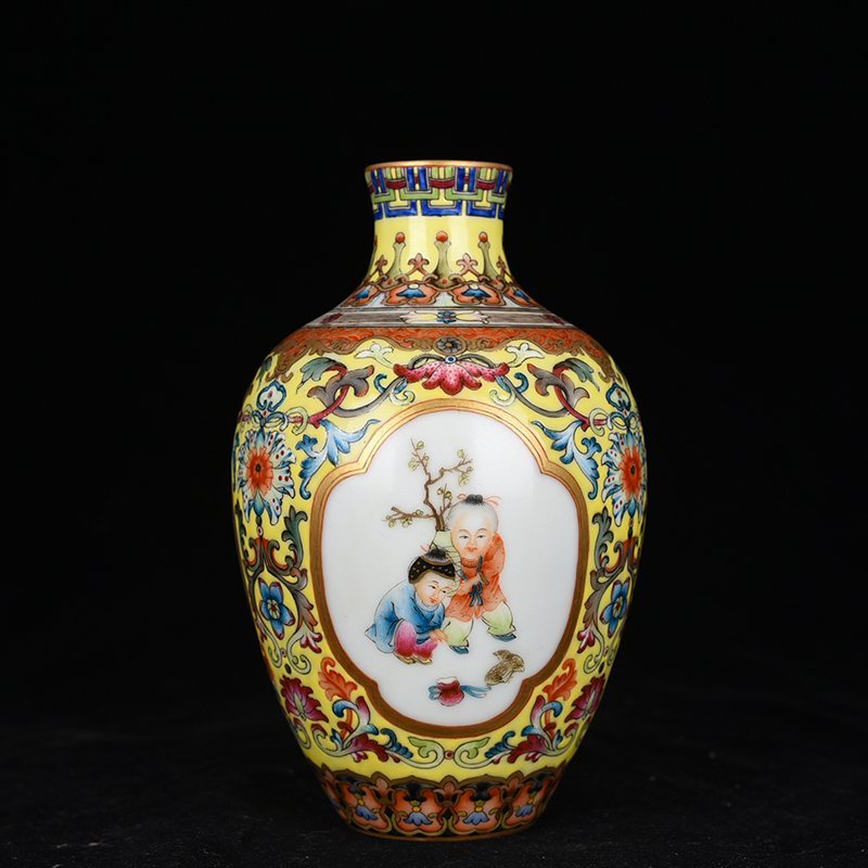 Qing Dynasty Qianlong yellow ground enamel consecrated baby playing picture plum vase