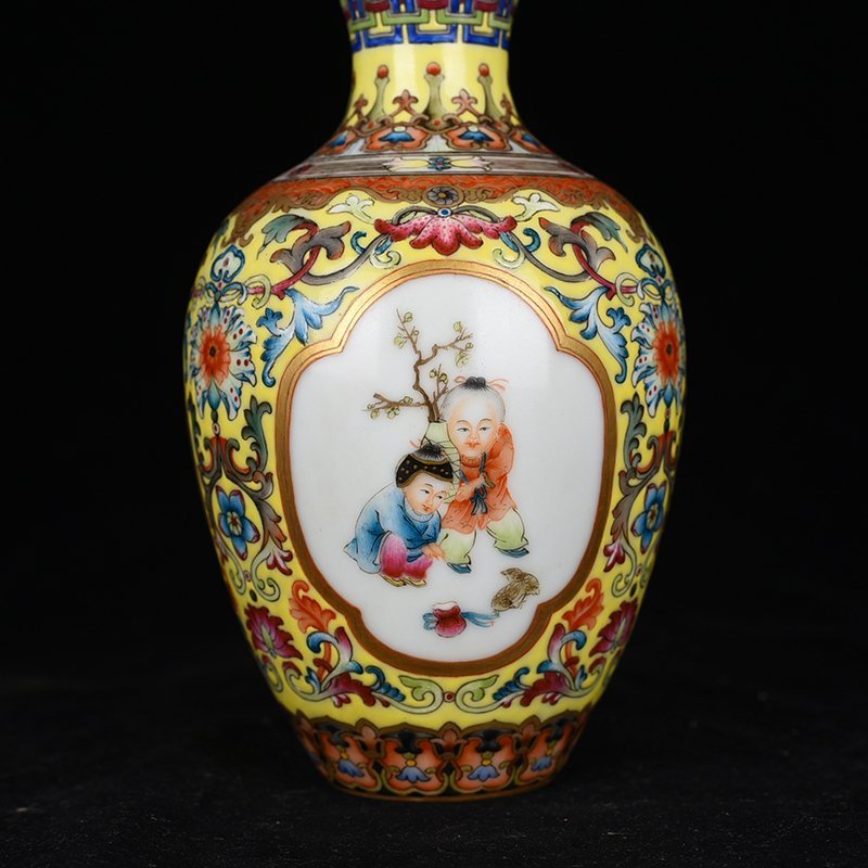 Qing Dynasty Qianlong yellow ground enamel consecrated baby playing picture plum vase
