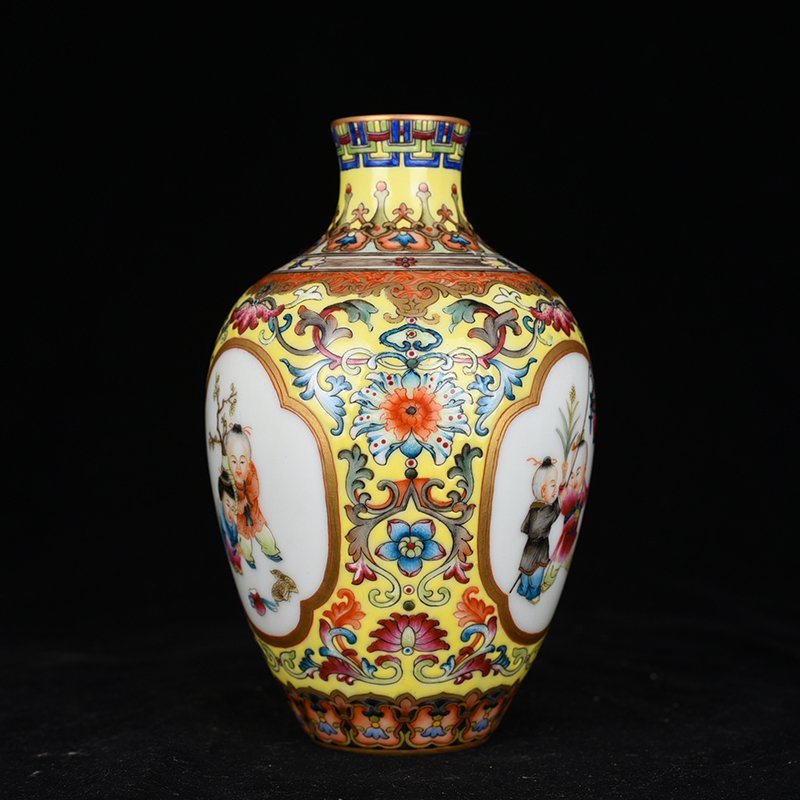 Qing Dynasty Qianlong yellow ground enamel consecrated baby playing picture plum vase