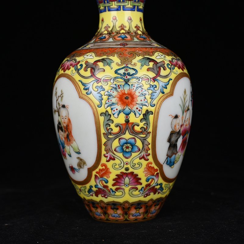 Qing Dynasty Qianlong yellow ground enamel consecrated baby playing picture plum vase
