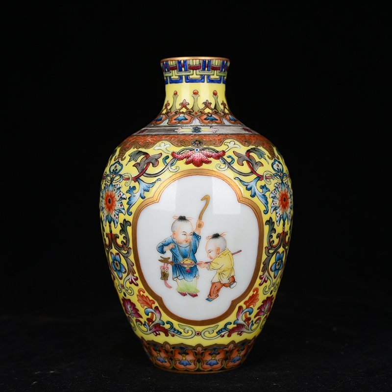 Qing Dynasty Qianlong yellow ground enamel consecrated baby playing picture plum vase