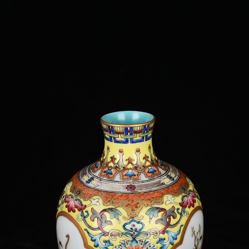 Qing Dynasty Qianlong yellow ground enamel consecrated baby playing picture plum vase
