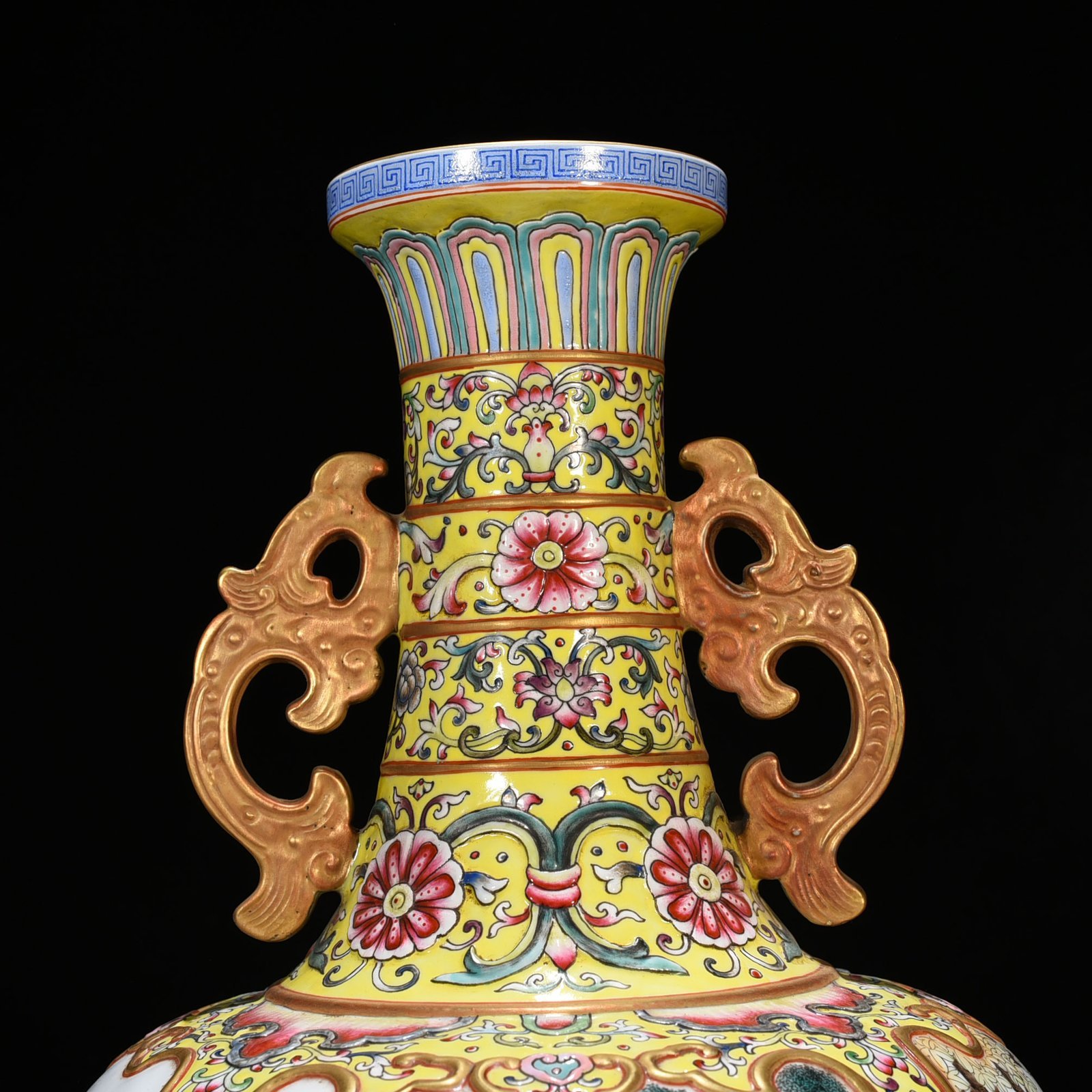 Qing Dynasty Qianlong yellow ground enamel amphorae