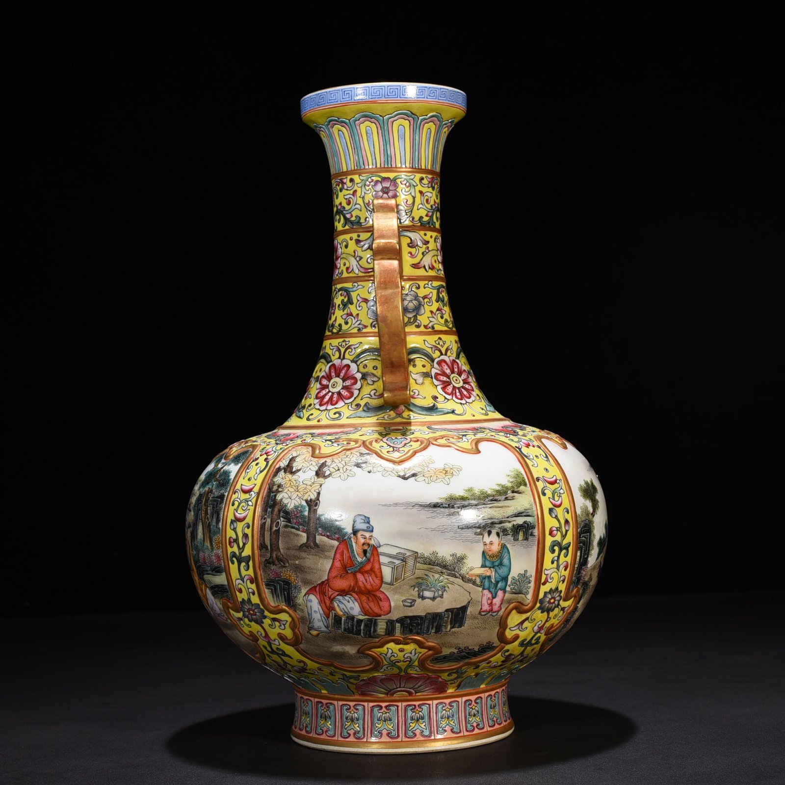 Qing Dynasty Qianlong yellow ground enamel amphorae