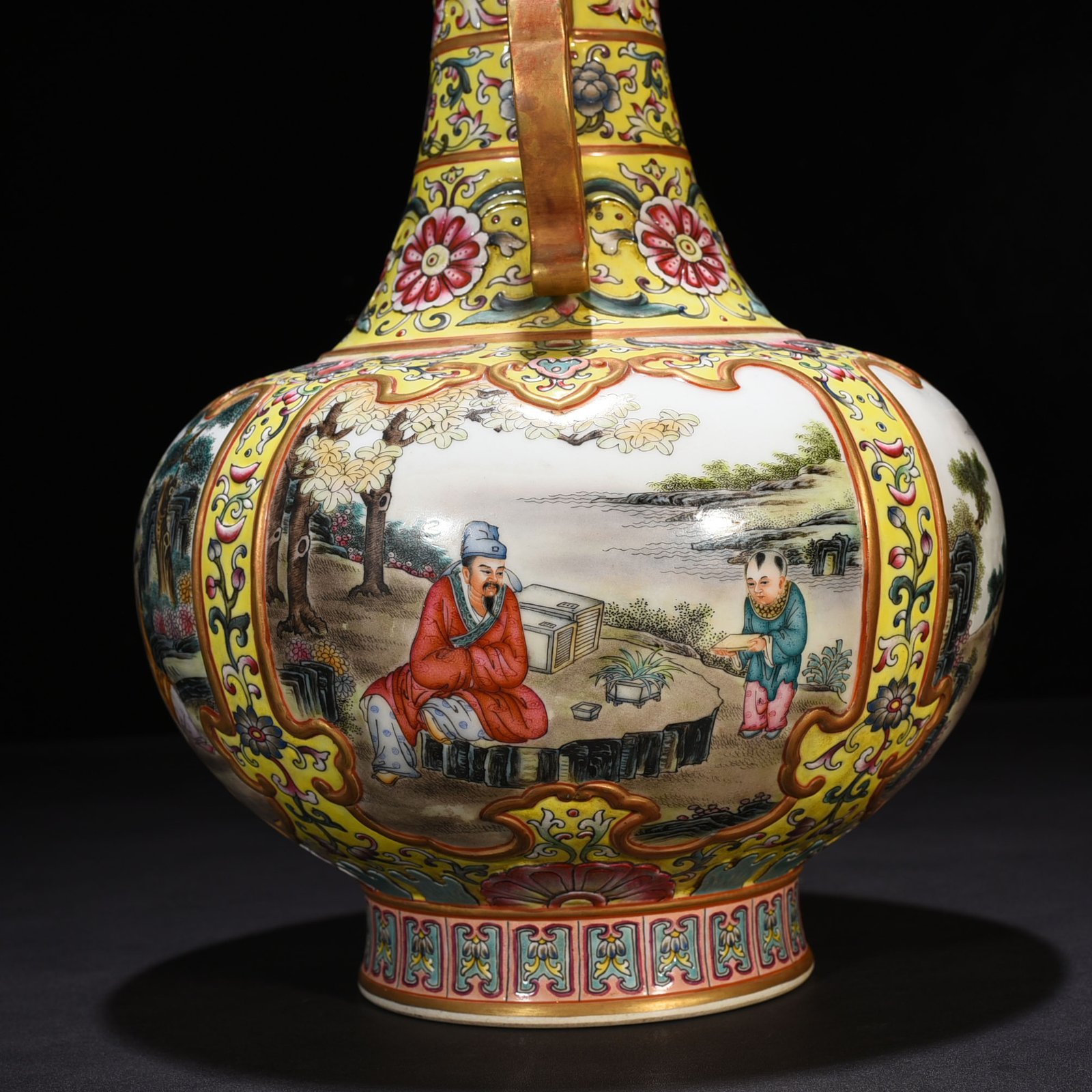 Qing Dynasty Qianlong yellow ground enamel amphorae