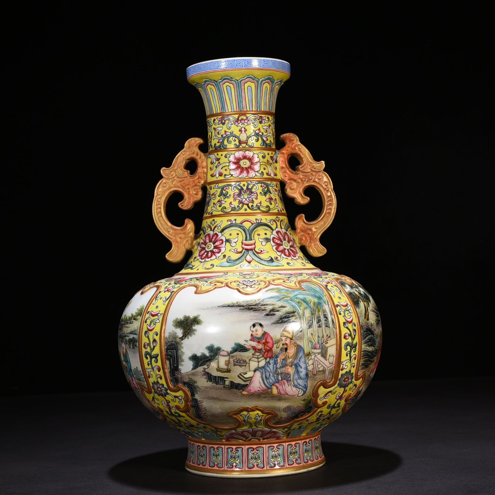 Qing Dynasty Qianlong yellow ground enamel amphorae