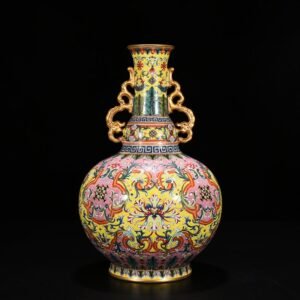 Qing Dynasty Qianlong yellow ground enamel flower pattern amphora