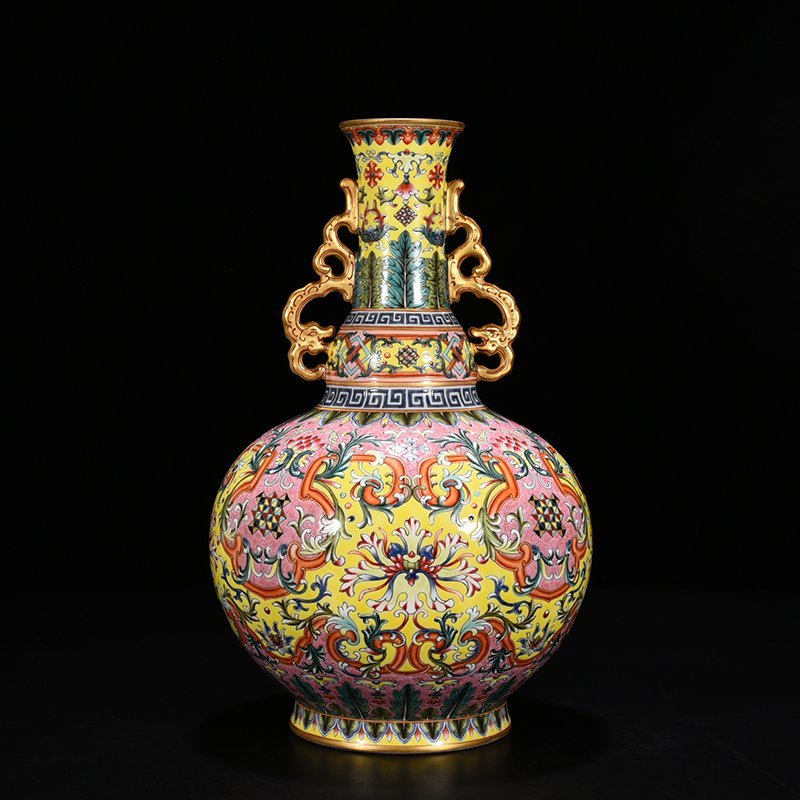 Qing Dynasty Qianlong yellow ground enamel flower pattern amphora