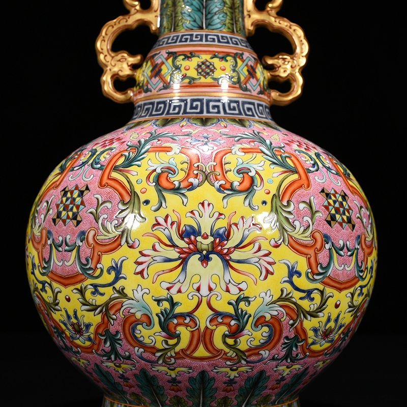Qing Dynasty Qianlong yellow ground enamel flower pattern amphora