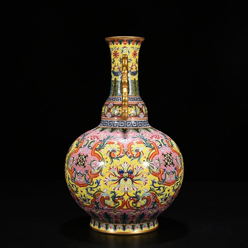 Qing Dynasty Qianlong yellow ground enamel flower pattern amphora