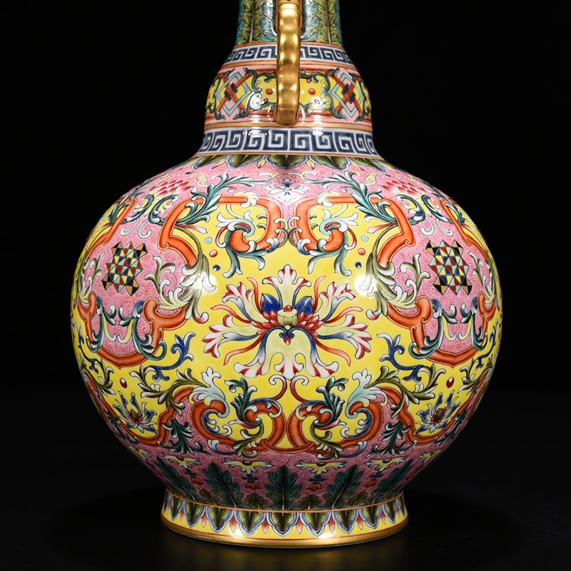 Qing Dynasty Qianlong yellow ground enamel flower pattern amphora