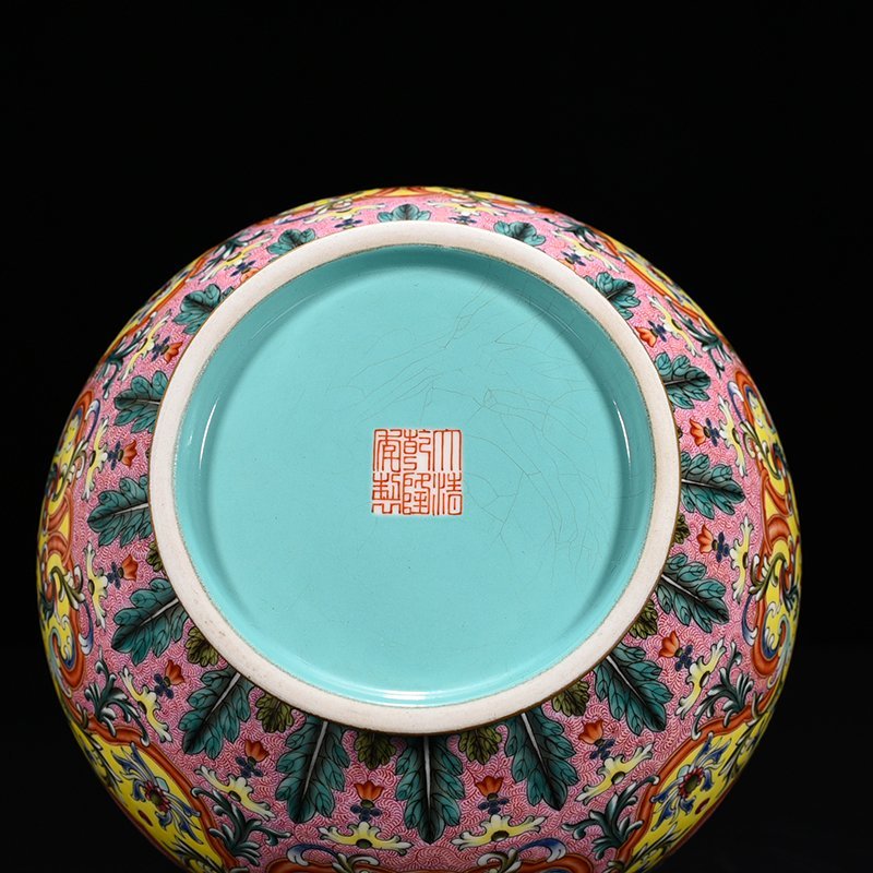 Qing Dynasty Qianlong yellow ground enamel flower pattern amphora