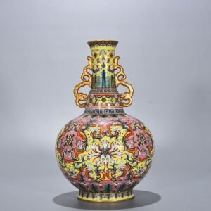 Qing Dynasty Qianlong yellow ground enamel flower pattern amphora