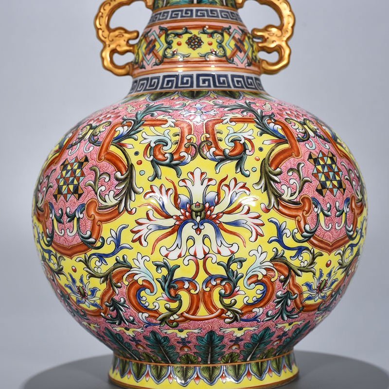 Qing Dynasty Qianlong yellow ground enamel flower pattern amphora