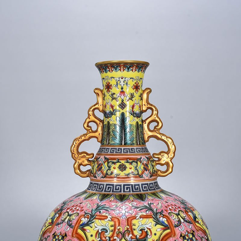 Qing Dynasty Qianlong yellow ground enamel flower pattern amphora