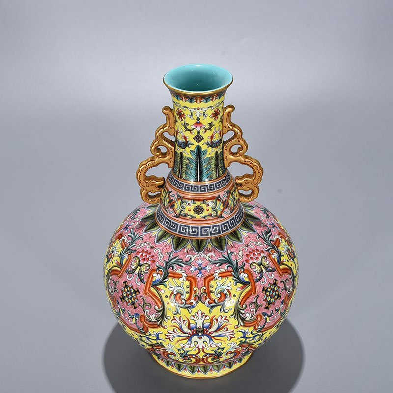 Qing Dynasty Qianlong yellow ground enamel flower pattern amphora
