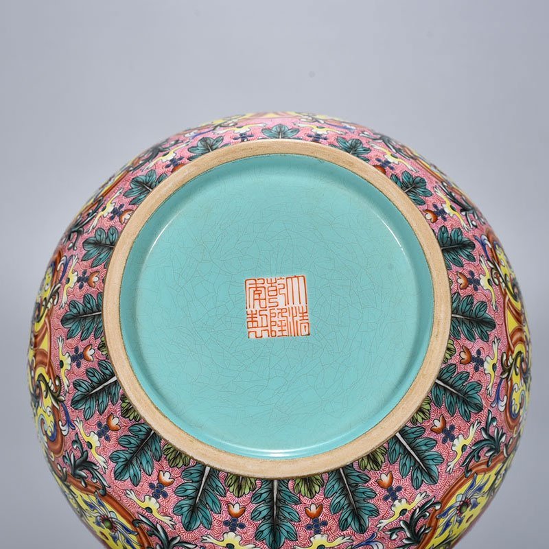 Qing Dynasty Qianlong yellow ground enamel flower pattern amphora