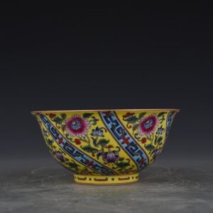 Qing Dynasty Qianlong yellow ground enamel flower pattern bowl