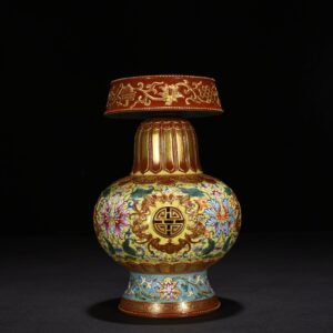 Qing Dynasty Qianlong yellow ground enamel flower hollow five-blessing holder and longevity beba vase