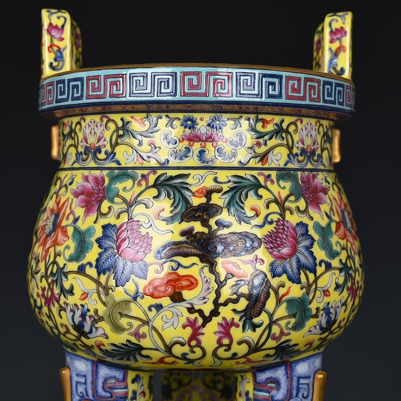 Qing Dynasty Qianlong yellow ground enamel flower incense burner