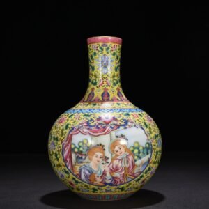 Qing Dynasty Qianlong yellow ground enamel celestial sphere vase