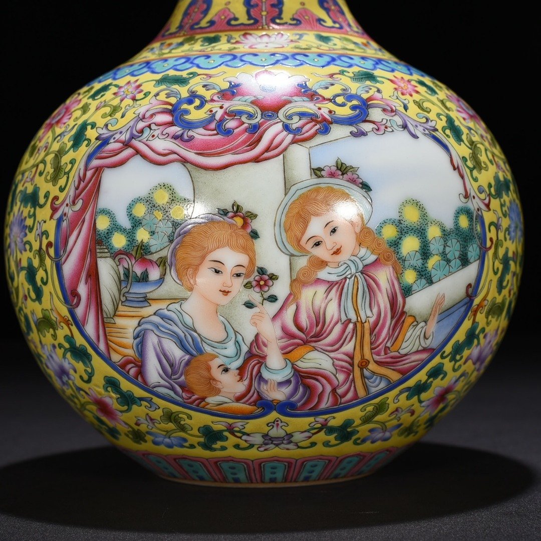 Qing Dynasty Qianlong yellow ground enamel celestial sphere vase
