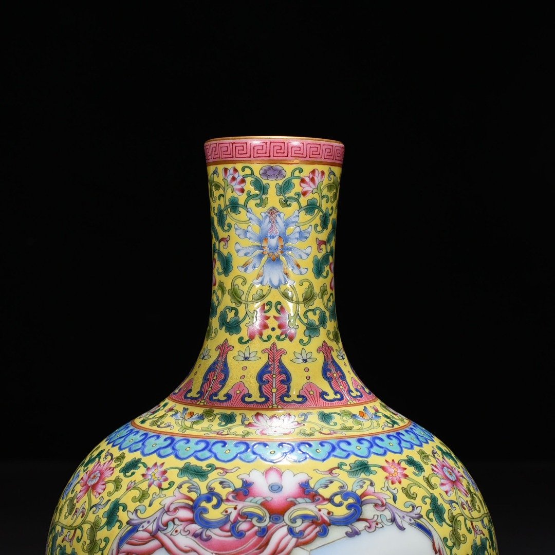 Qing Dynasty Qianlong yellow ground enamel celestial sphere vase