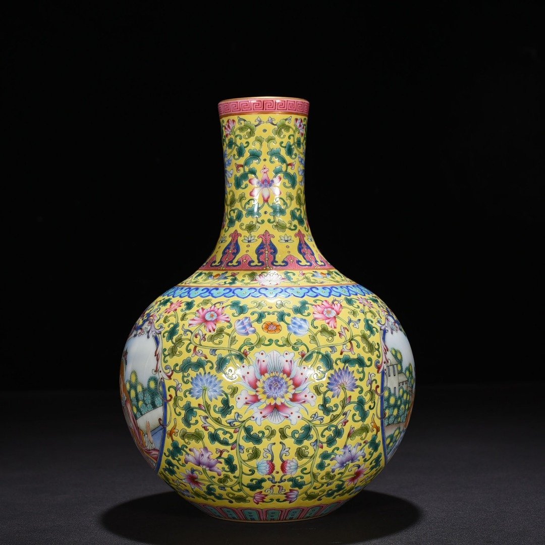 Qing Dynasty Qianlong yellow ground enamel celestial sphere vase