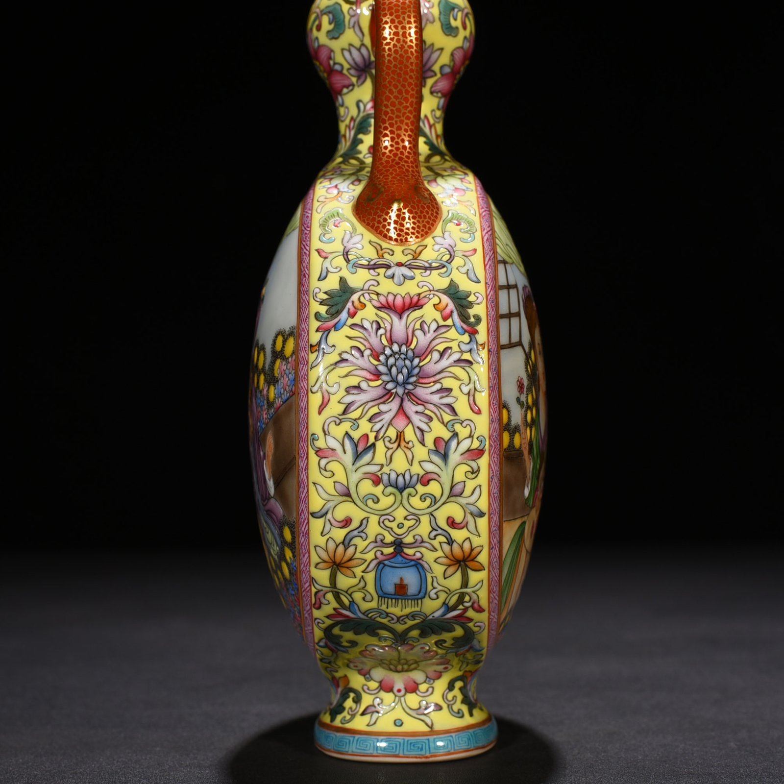 Qing Dynasty Qianlong yellow ground enamel Western figure pattern Ruyi ear gourd flat vase