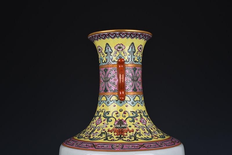 Qing Dynasty Qianlong yellow ground enamel amphora