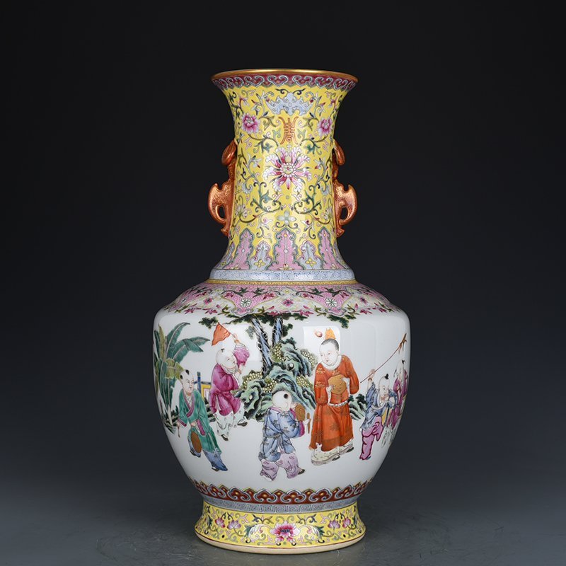 Qing Dynasty Qianlong yellow ground pastel amphora