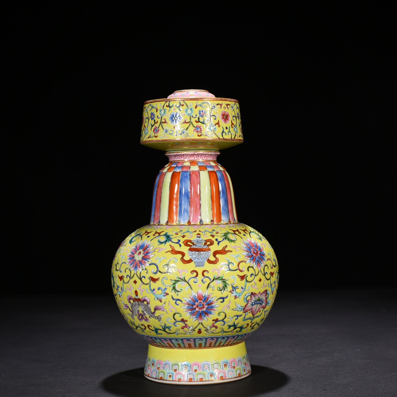 Qing Dynasty Qianlong yellow ground pastel-wrapped twig and eight-treasure pattern Bianba vase