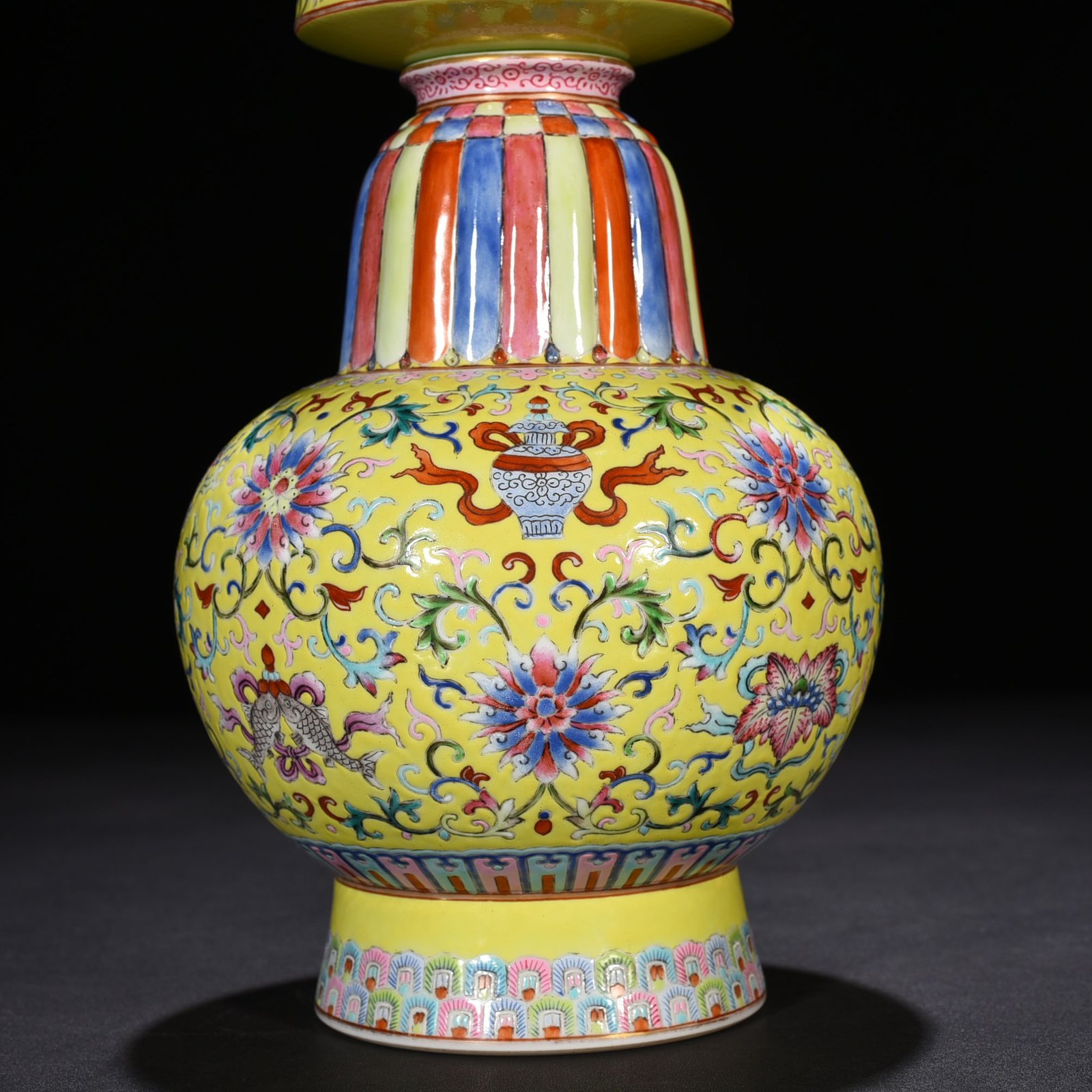 Qing Dynasty Qianlong yellow ground pastel-wrapped twig and eight-treasure pattern Bianba vase