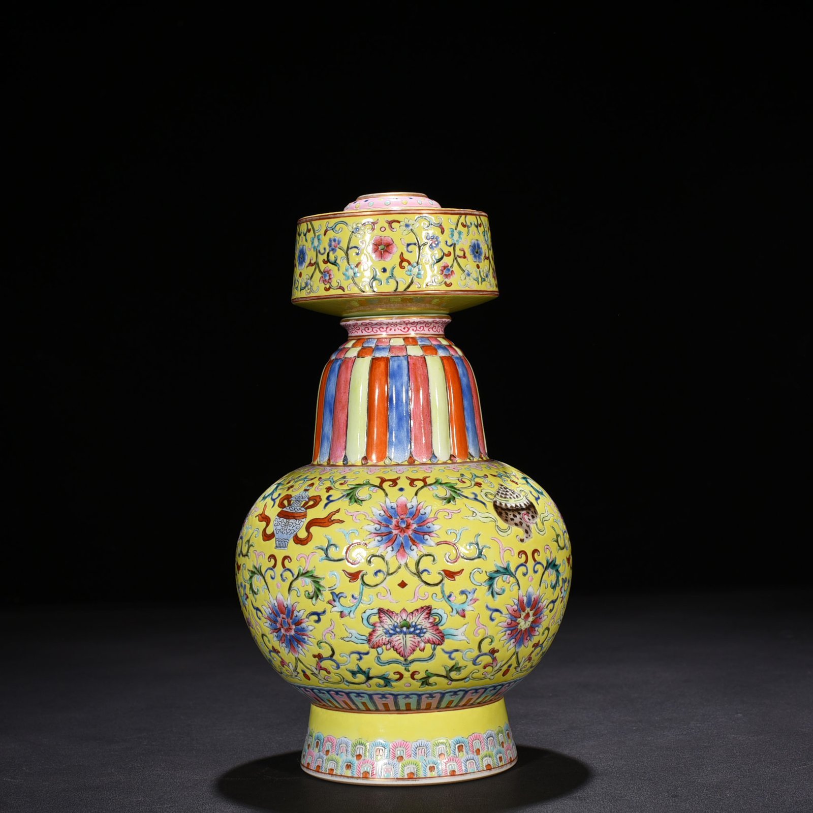 Qing Dynasty Qianlong yellow ground pastel-wrapped twig and eight-treasure pattern Bianba vase