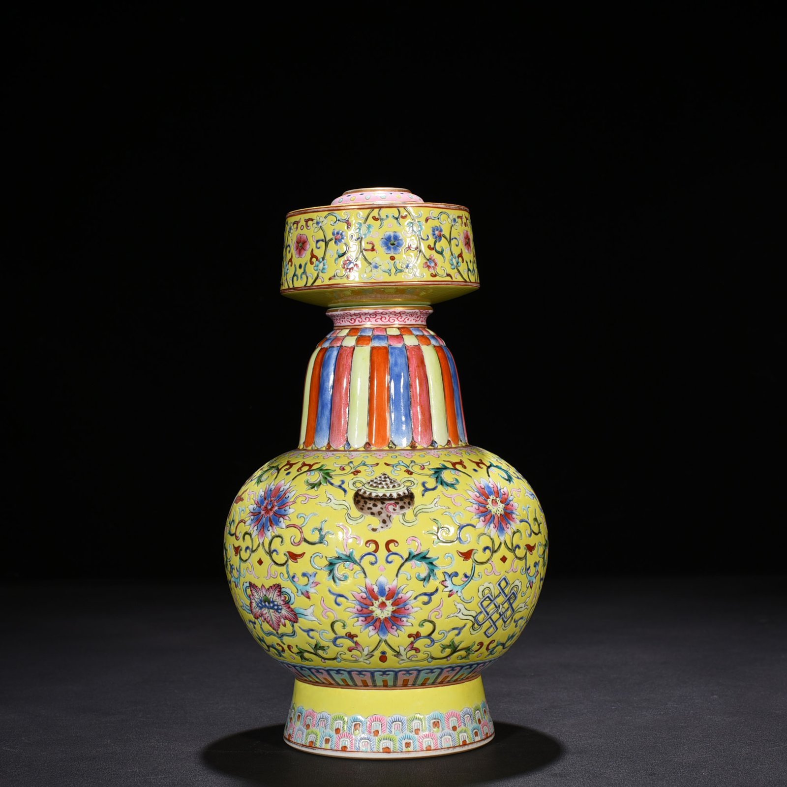 Qing Dynasty Qianlong yellow ground pastel-wrapped twig and eight-treasure pattern Bianba vase