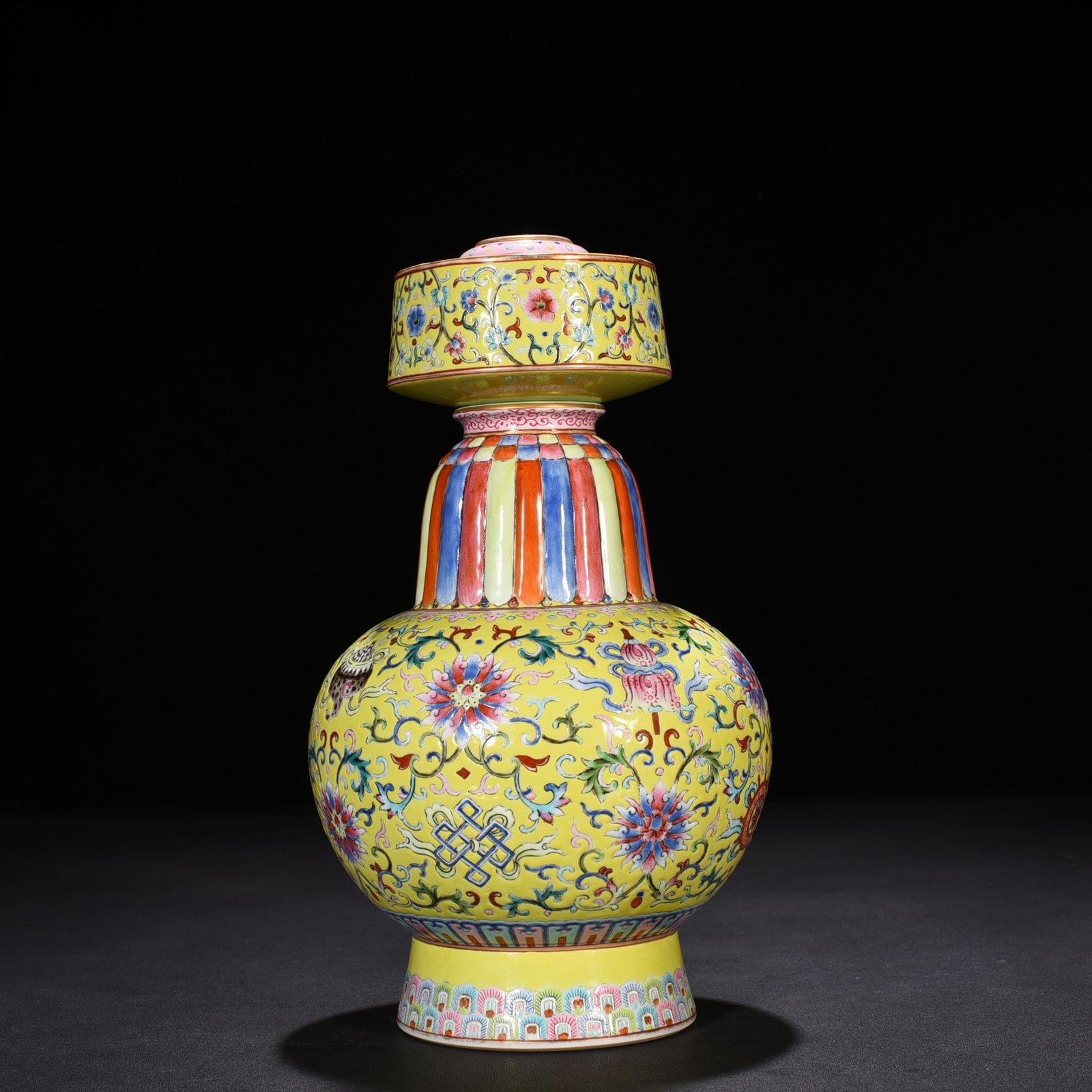 Qing Dynasty Qianlong yellow ground pastel-wrapped twig and eight-treasure pattern Bianba vase